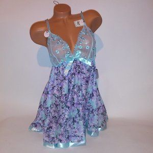 Spree Lingerie Babydoll Blue Purple Sheer Flyaway Floral Lace Ribbon New With Ta
